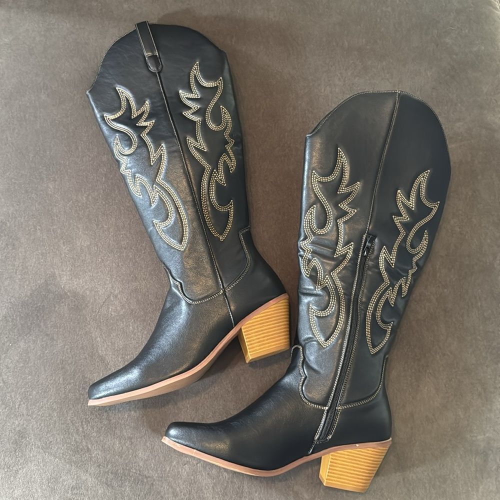 Women’s Black Western Cowgirl Boots Knee High Pointed Toe Side Zip Size 11 NEW - Picture 5 of 16